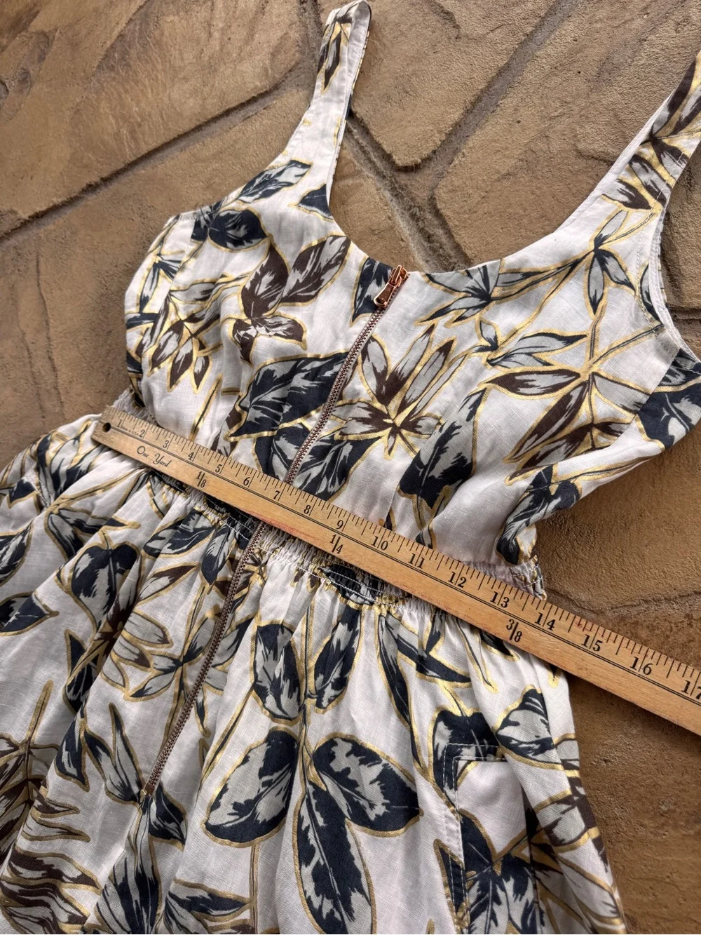 J.Crew Linen Zip-Front Gold Foil Leaf Dress Size 6